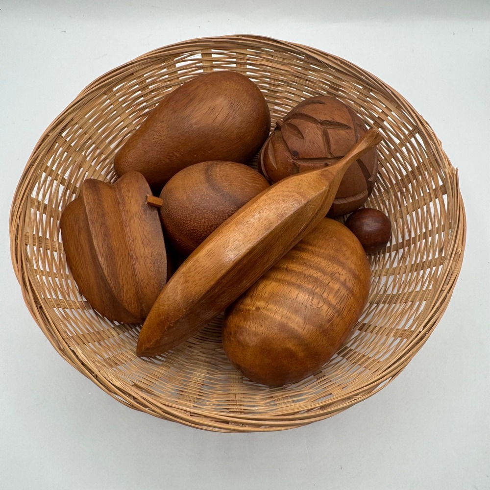 Wooden Fruit Set Brown Carved MCM Decor‎ 6pc with Basket